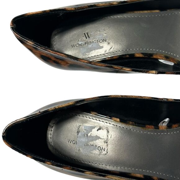 Worthington Leopard Print High Heels Closed Almond Toe Shiny Cheetah Print Pumps - Picture 4 of 12